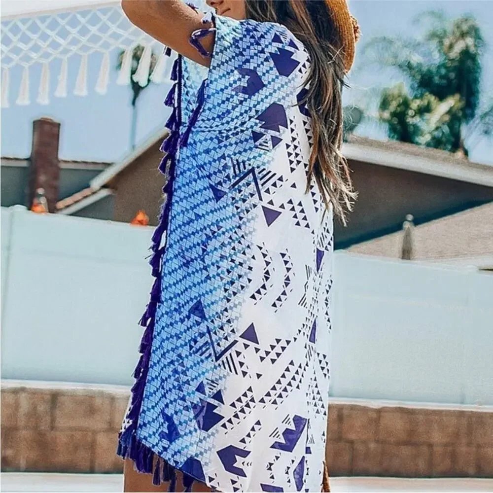 Cupshe NEW Blue White Geometric Print Boho Trim Swimsuit Bathing Suit Cover Up